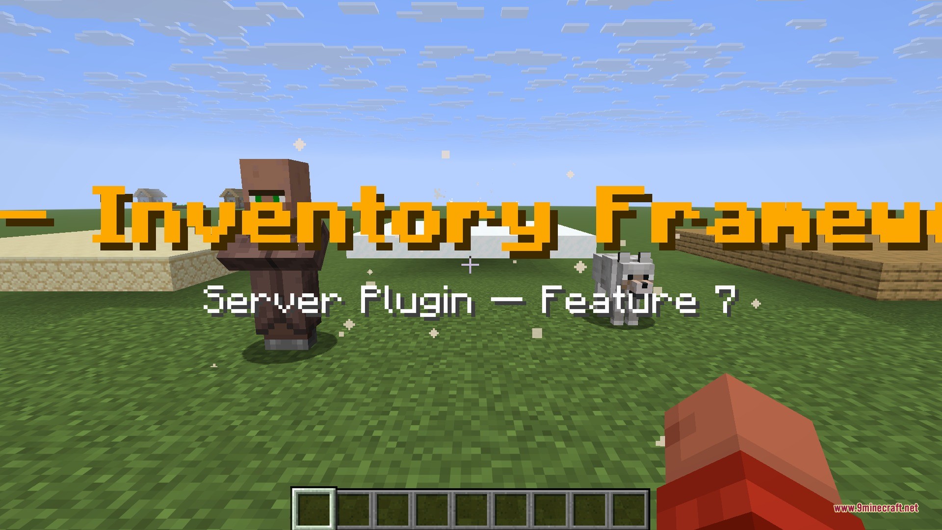 Lattice Pane Logic Plugin Screenshot 7 A villager and a wolf standing on grass with orange text overlay