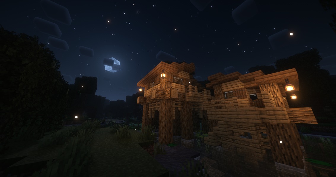 Lawrence's Ambient Fireflies Data Pack Screenshot 1 Fireflies glow around a wooden house in the swamp during the night