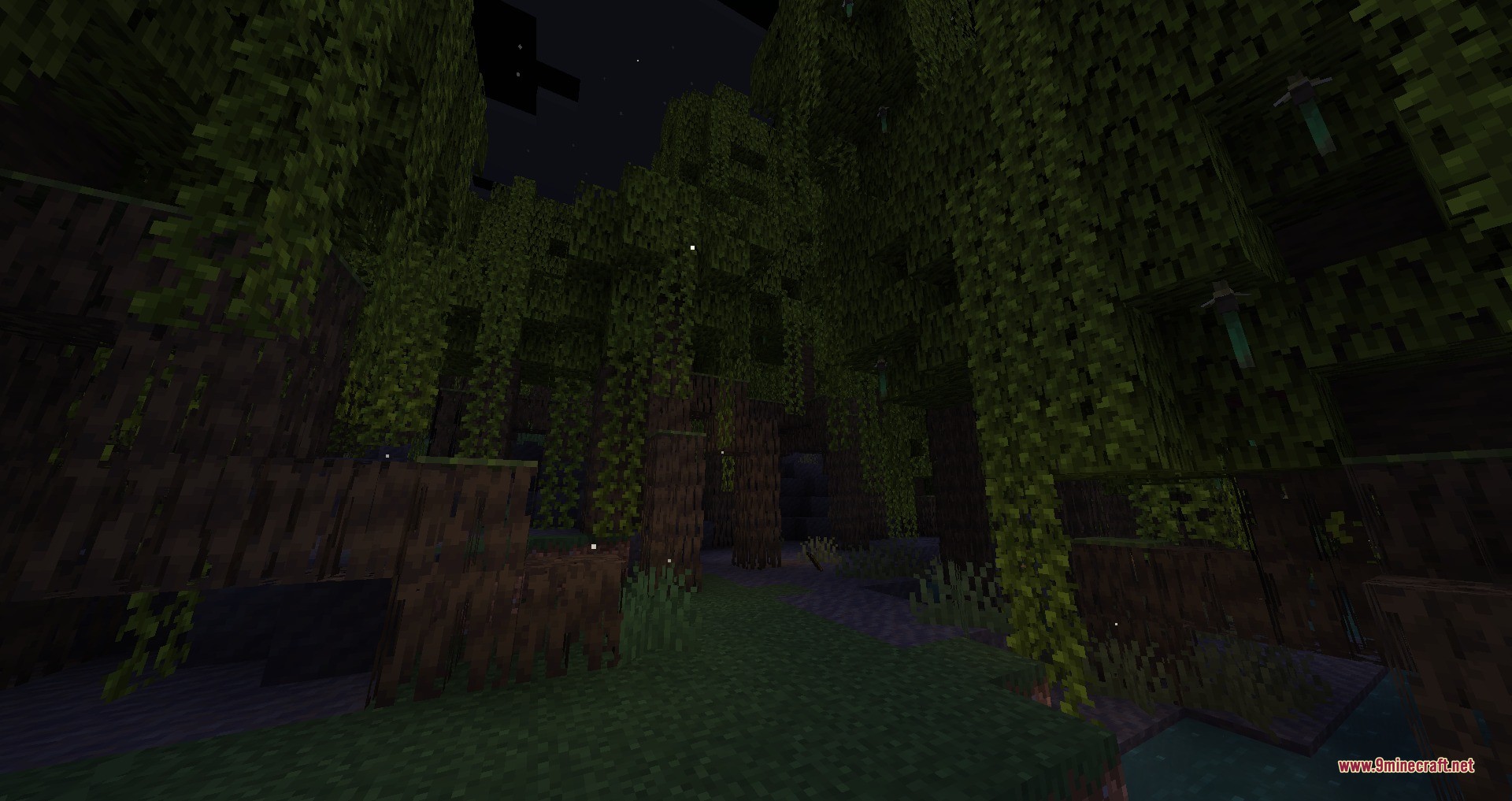 Lawrence's Ambient Fireflies Data Pack Screenshot 3 Tiny glowing fireflies float among the trees in a dark swamp biome