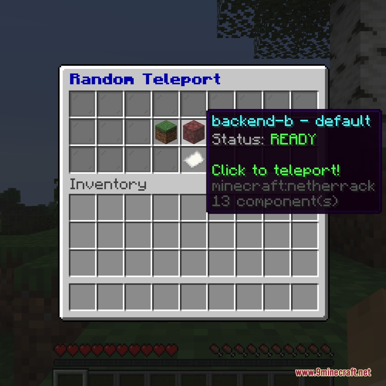 The LeafRTP menu interface showing available regions for safe random teleportation