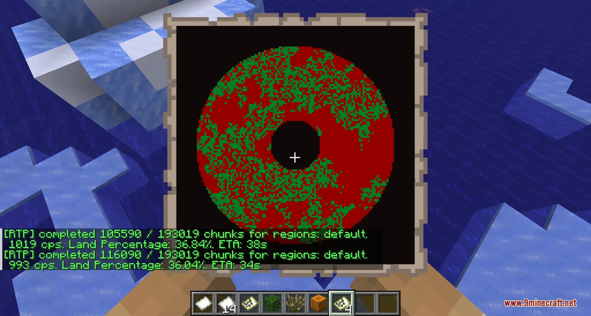 A player holding a map displaying scanned terrain safety data for teleportation