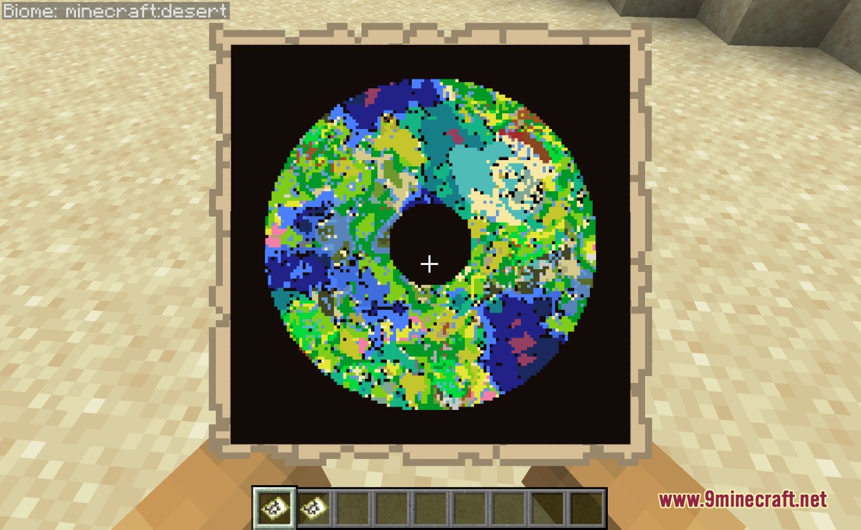 A map item displaying a circular scan of biome regions and safety data
