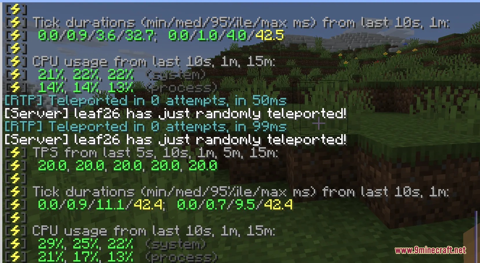 Minecraft chat window displaying server performance data and random teleportation status