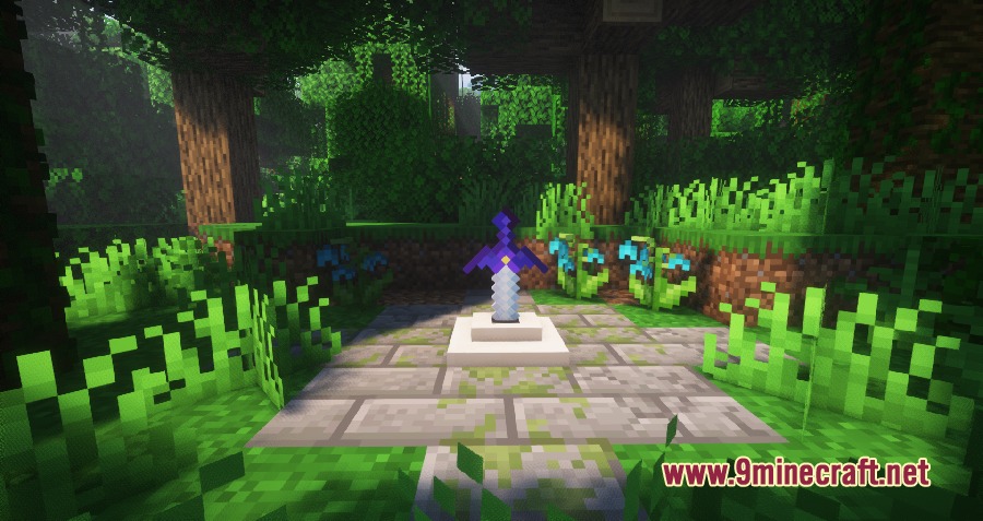 The Master Sword rests on a stone pedestal in a lush jungle biome
