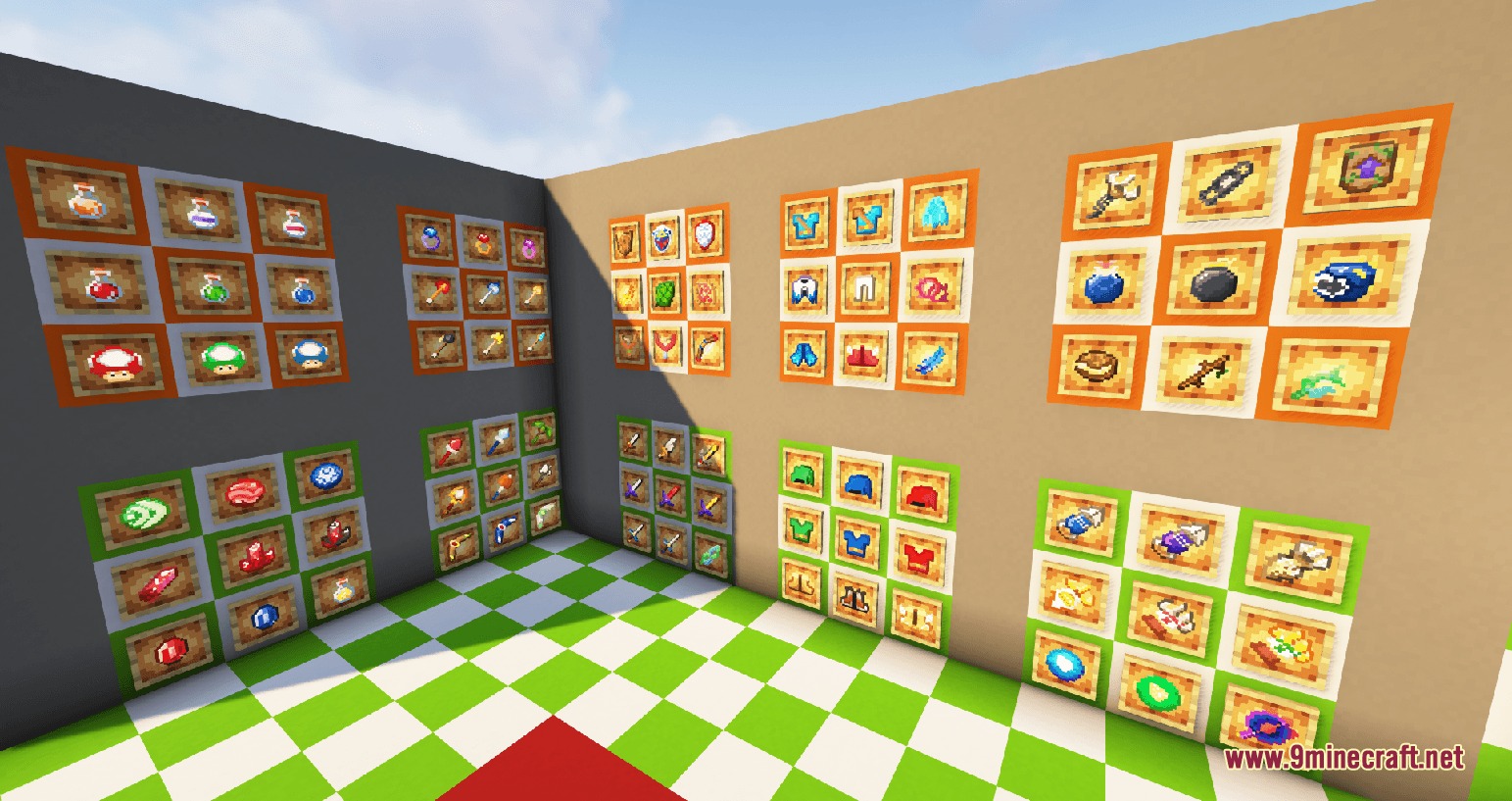 Legendary Armory mod items and equipment shown in item frames on a wall