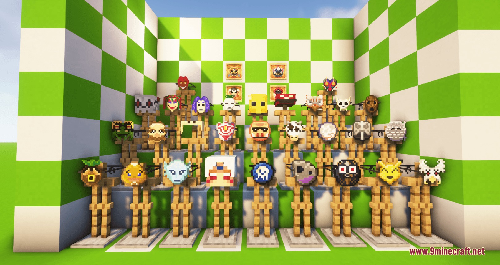 A collection of legendary masks displayed on armor stands in Minecraft