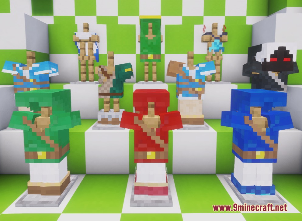 Different colored Zelda tunics and armor sets shown on armor stands