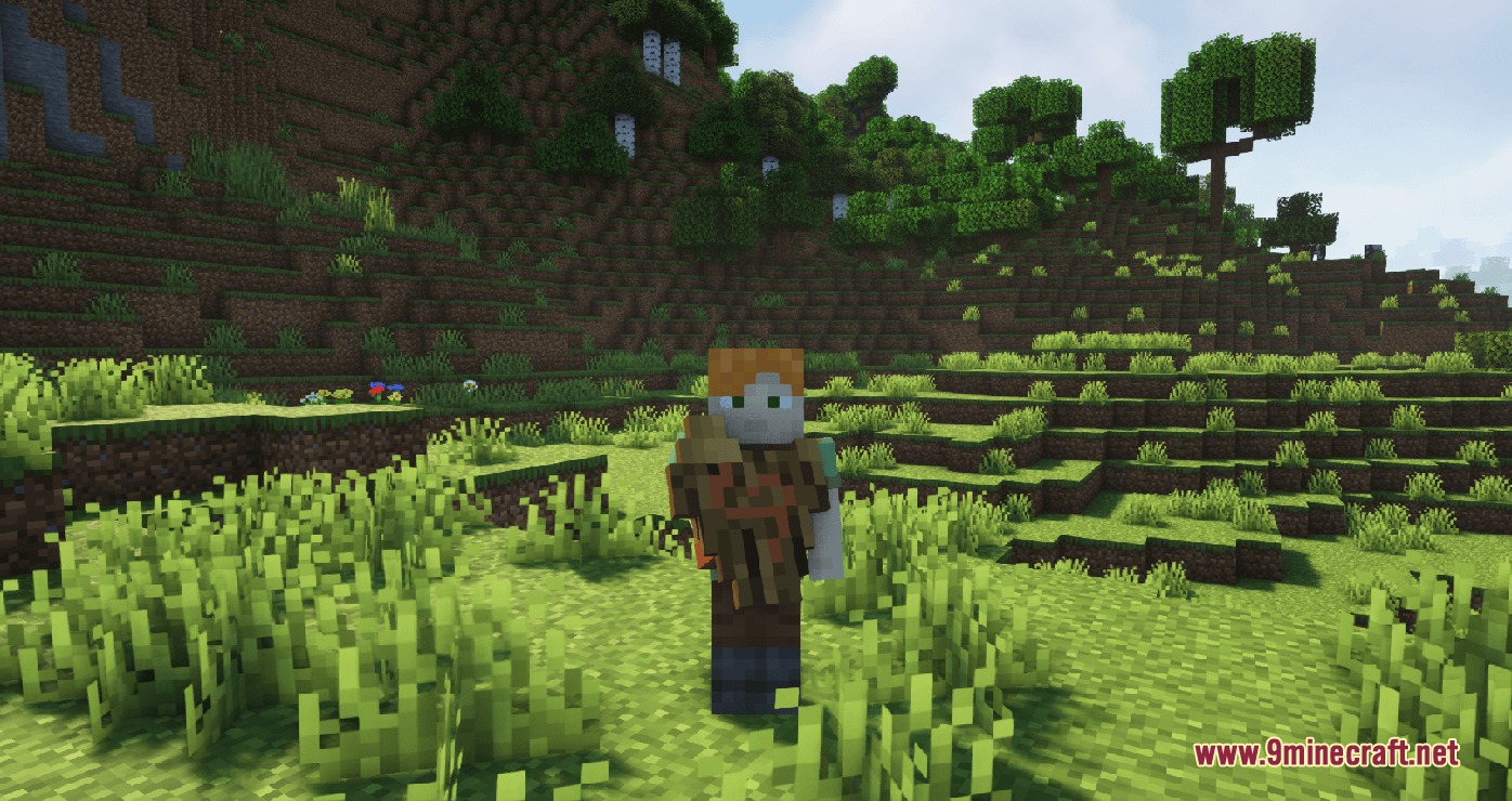 A Minecraft player holds a wooden shield with a red symbol in a field