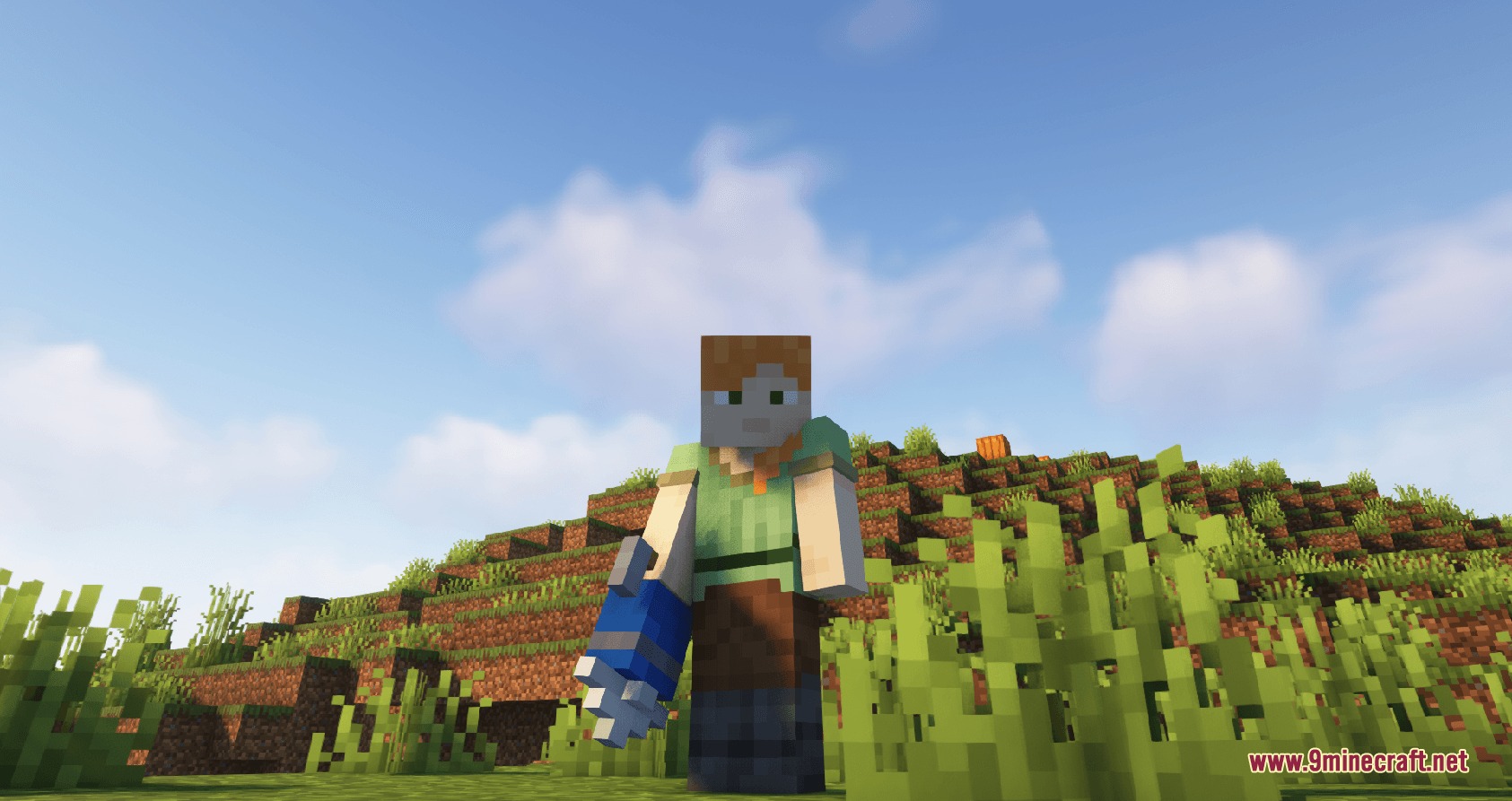 A Minecraft character holds a blue hookshot tool against a bright blue sky