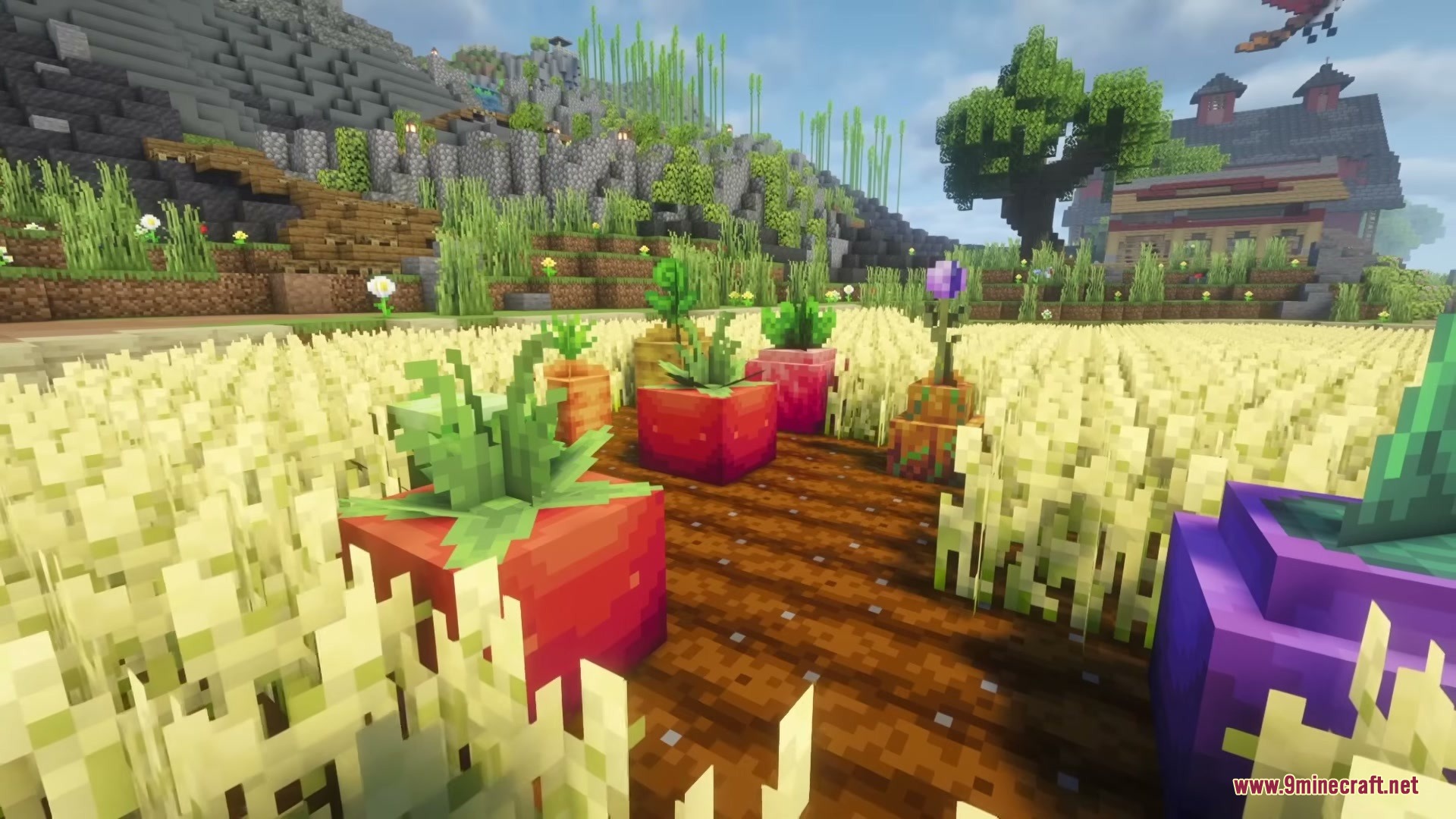 Legendary Farming Mod Screenshot 1 Various giant vegetable blocks growing in the middle of a wheat field