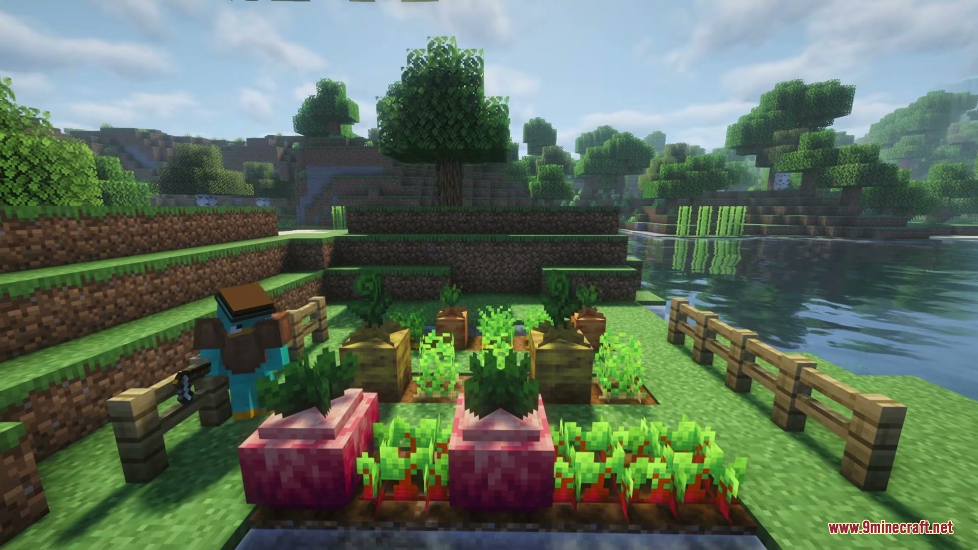 Legendary Farming Mod Screenshot 8 Various giant crops growing in a farm field next to a river