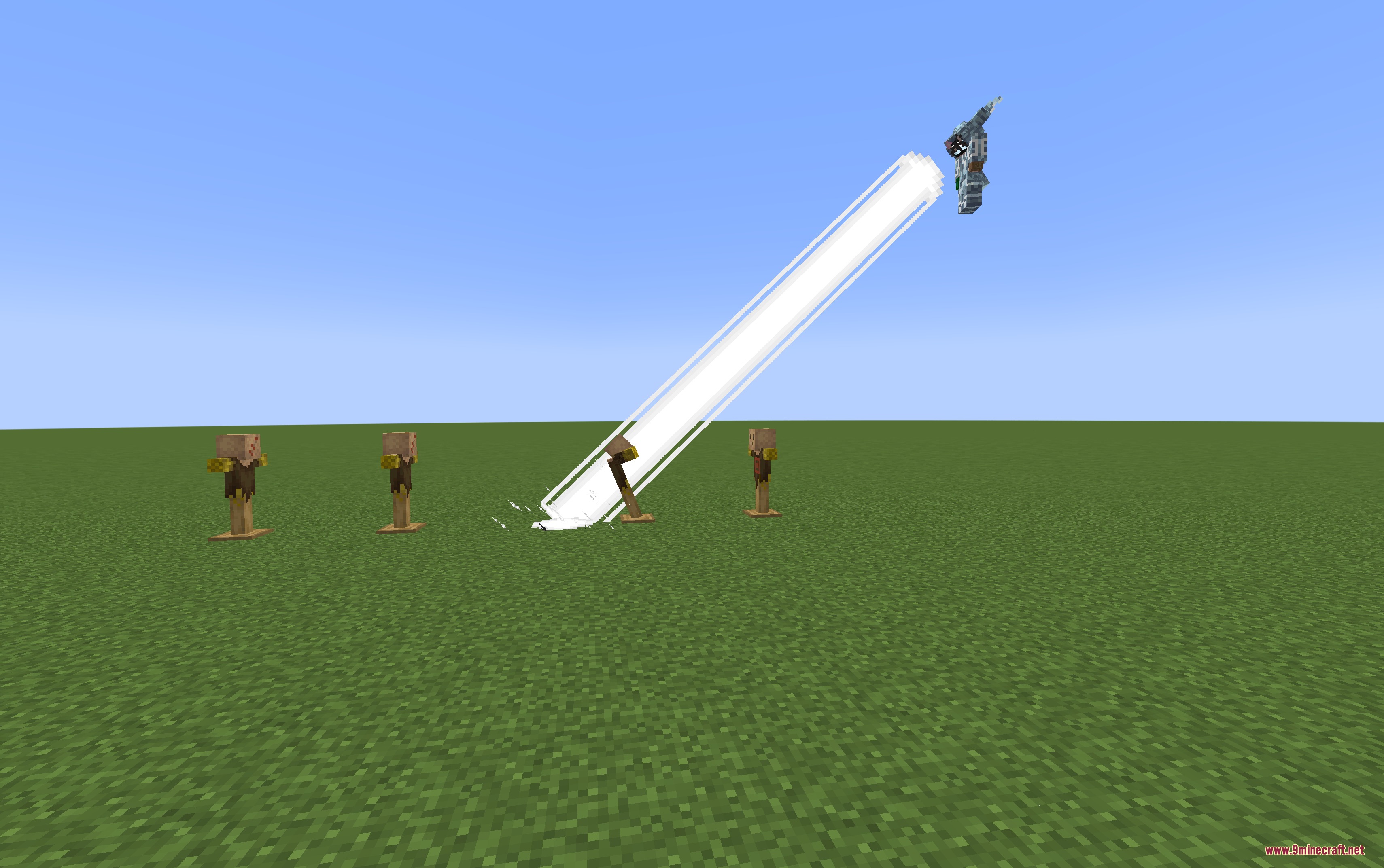 A diagonal white magic beam strikes an armor stand from the sky