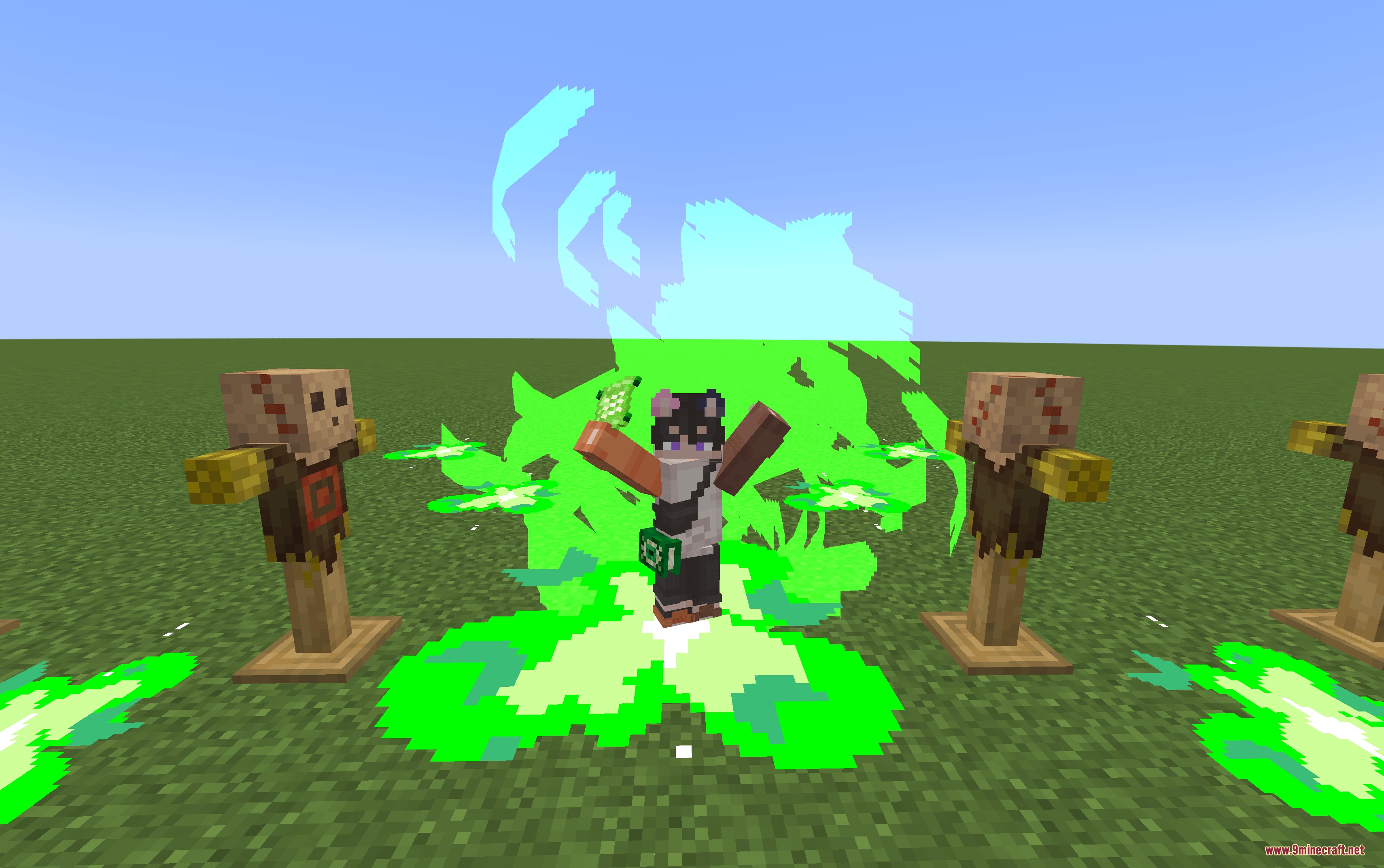 Minecraft player casting a green annihilation spell surrounded by wooden target dummies