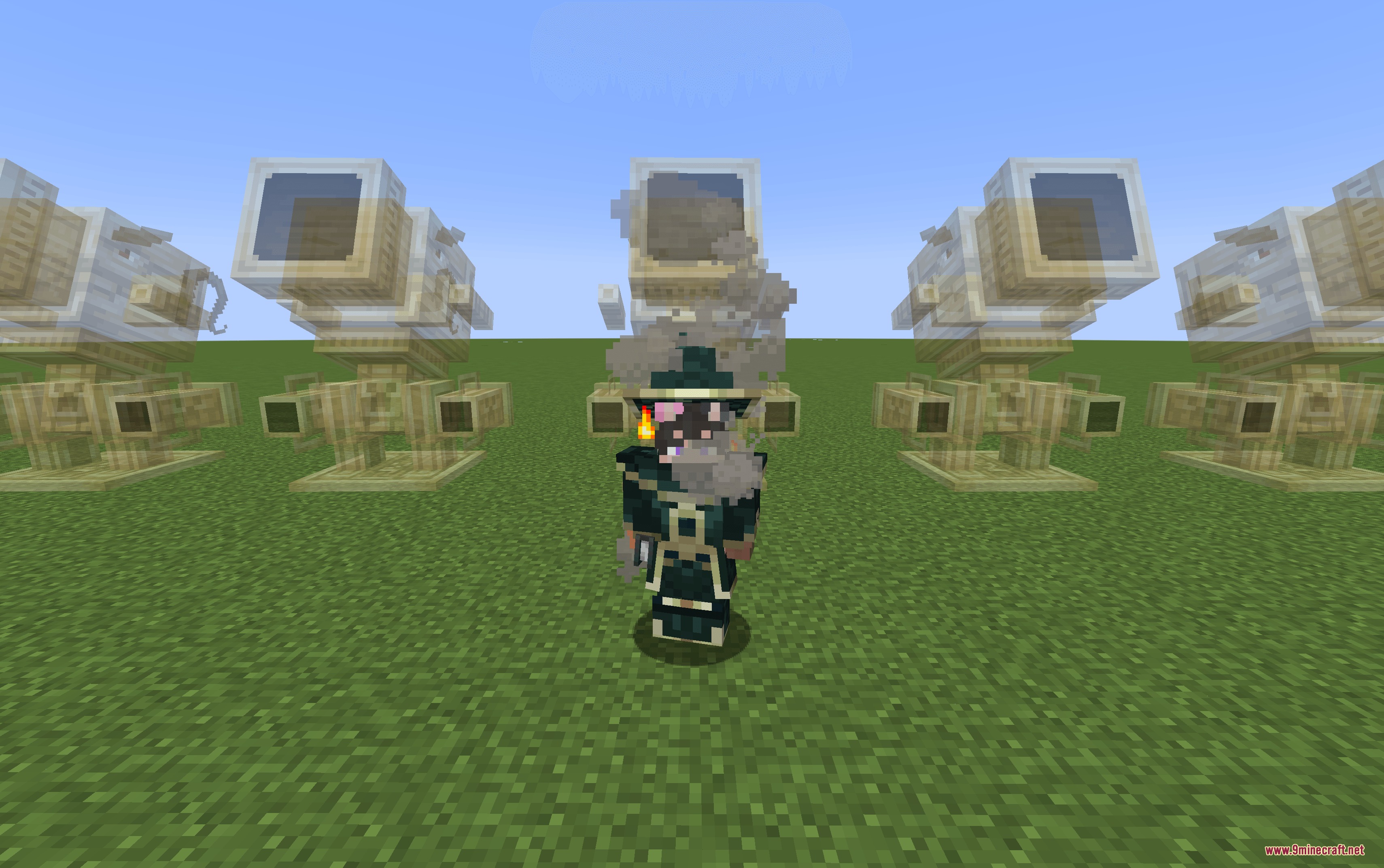 Player wearing the Stormmancer Set stands in front of multiple Nimbus Array clouds