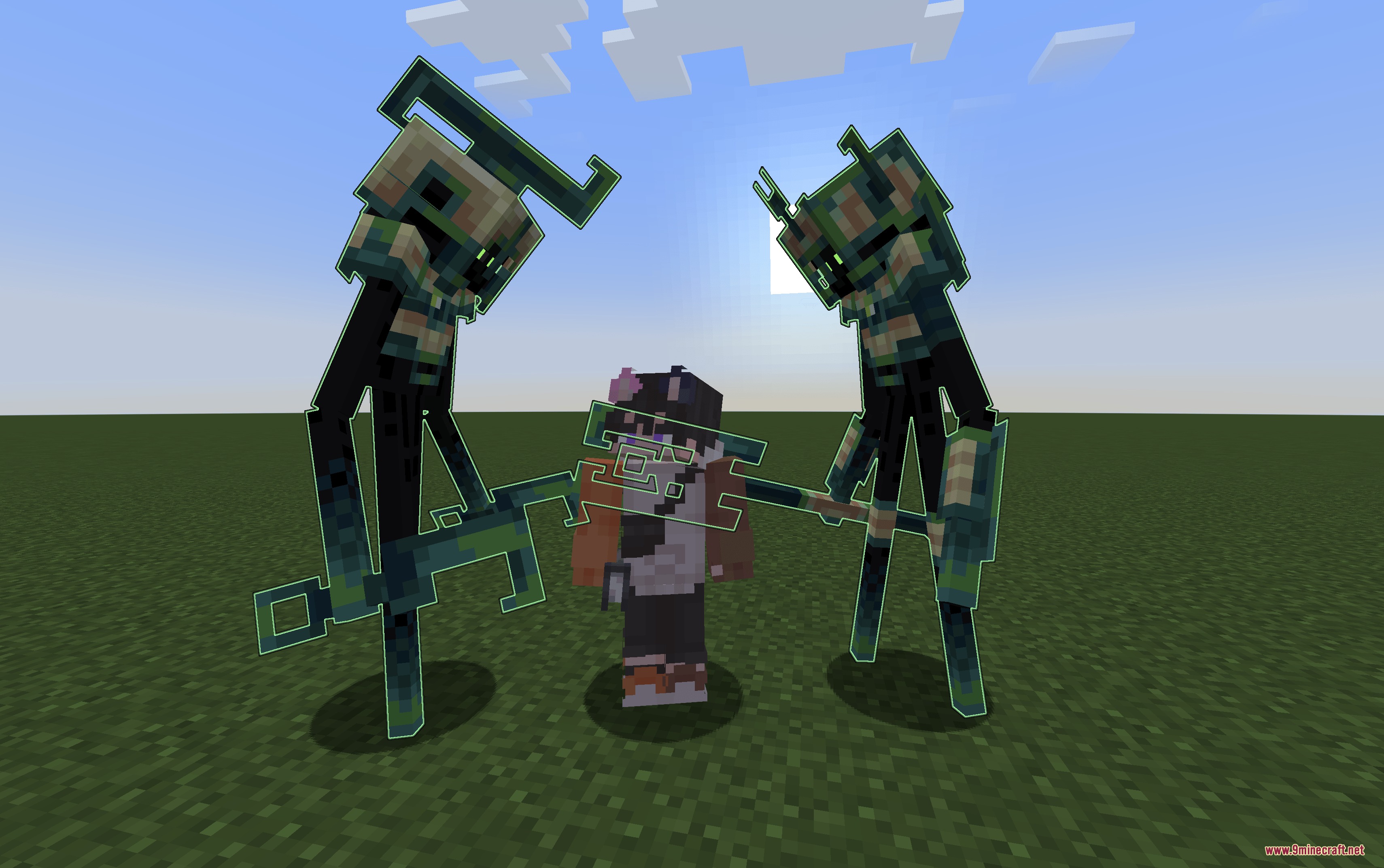 A player stands between two tall glowing green Riftwalker Predators in Minecraft