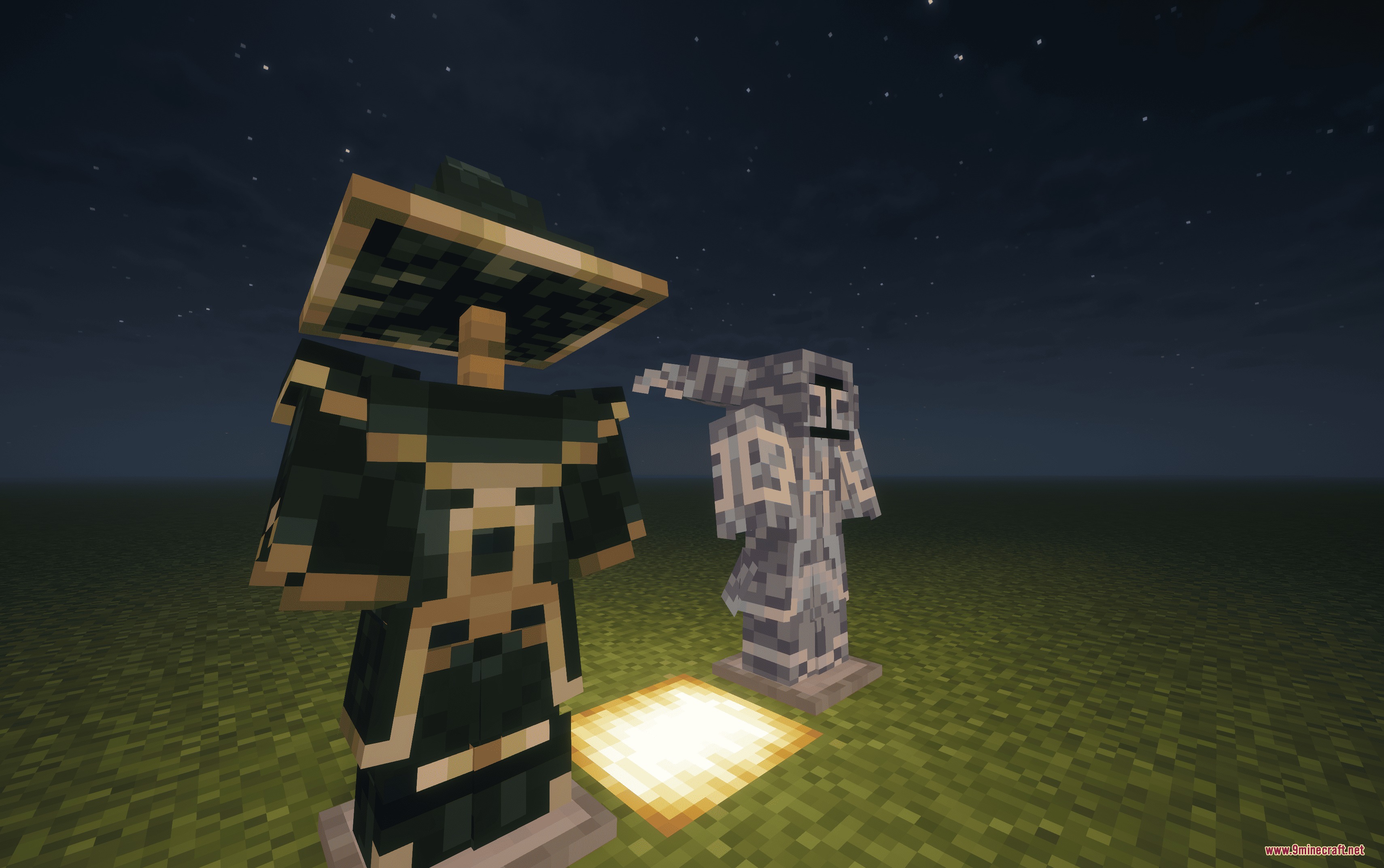 Oblivionmancer and Stormmancer armor sets displayed on armor stands at night