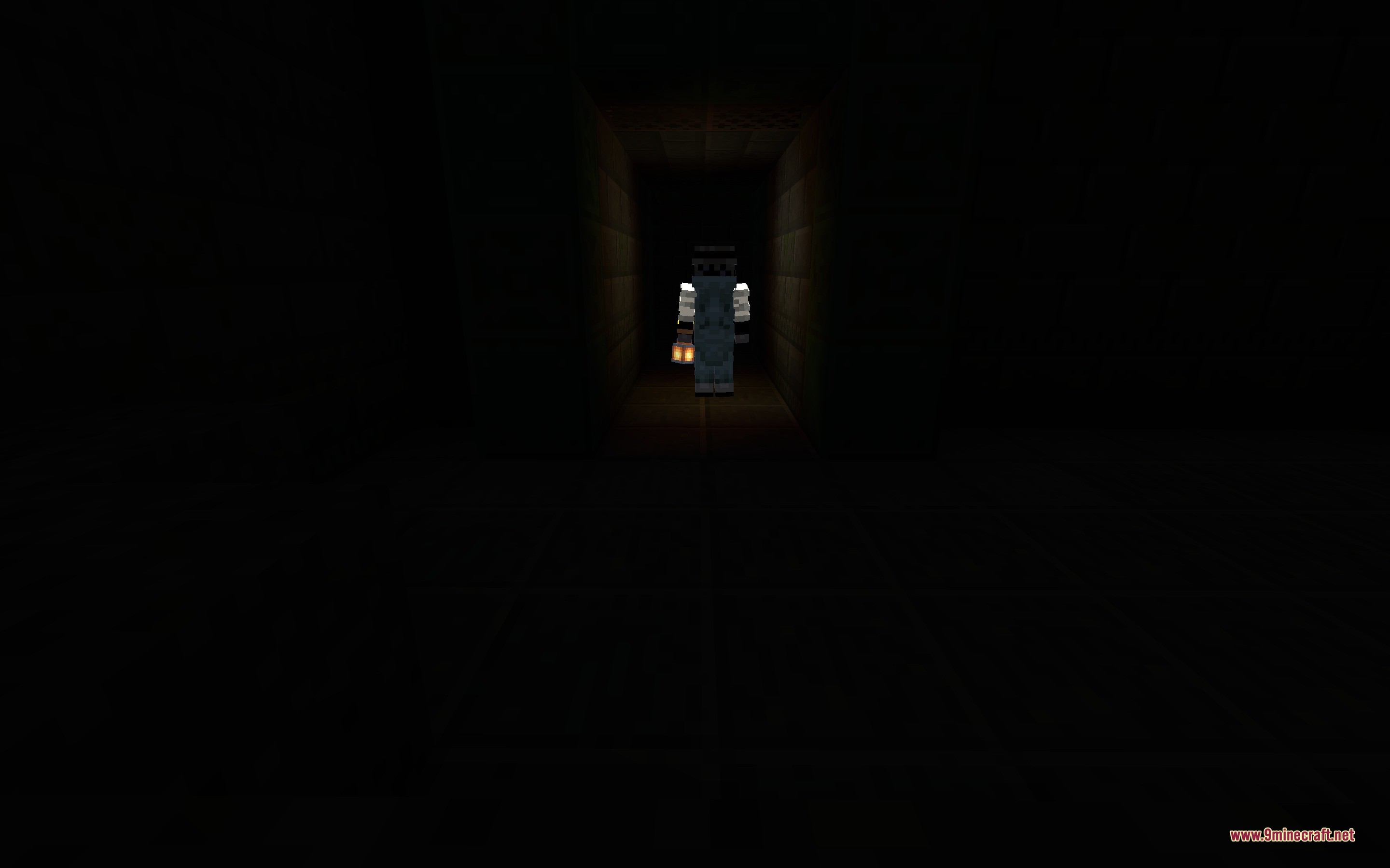Legends & Myths Data Pack Screenshot 1 A mysterious figure stands in a dark stone corridor holding a glowing lantern