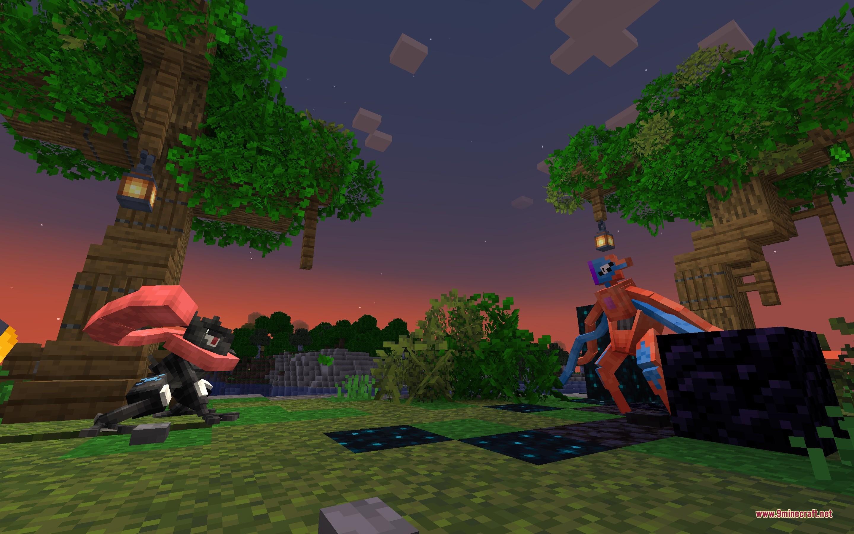 Legends & Myths Data Pack Screenshot 10 Deoxys and another legendary creature stand on sculk blocks at sunset