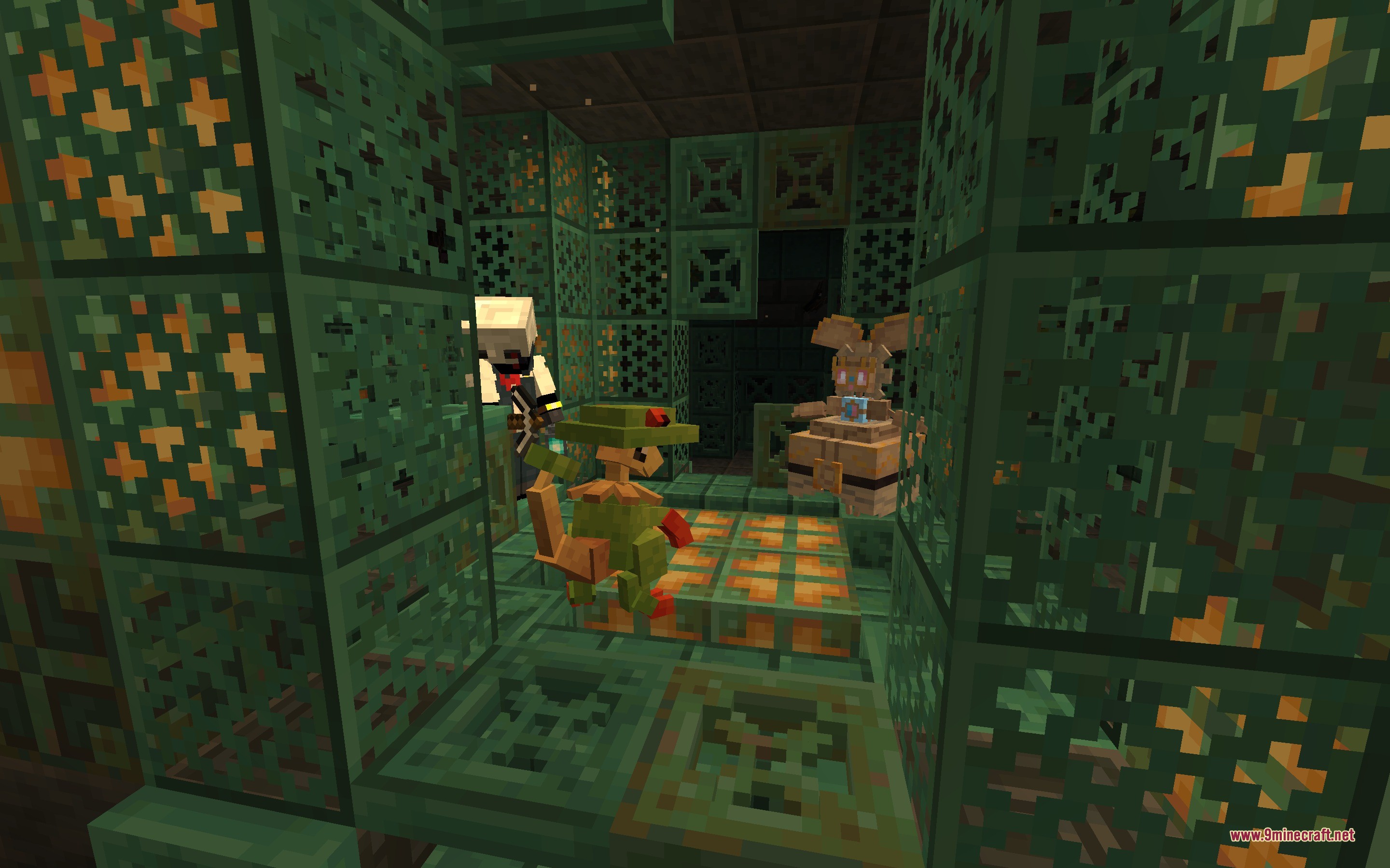 Legends & Myths Data Pack Screenshot 5 Magearna and Breloom standing inside a copper structure with a player nearby
