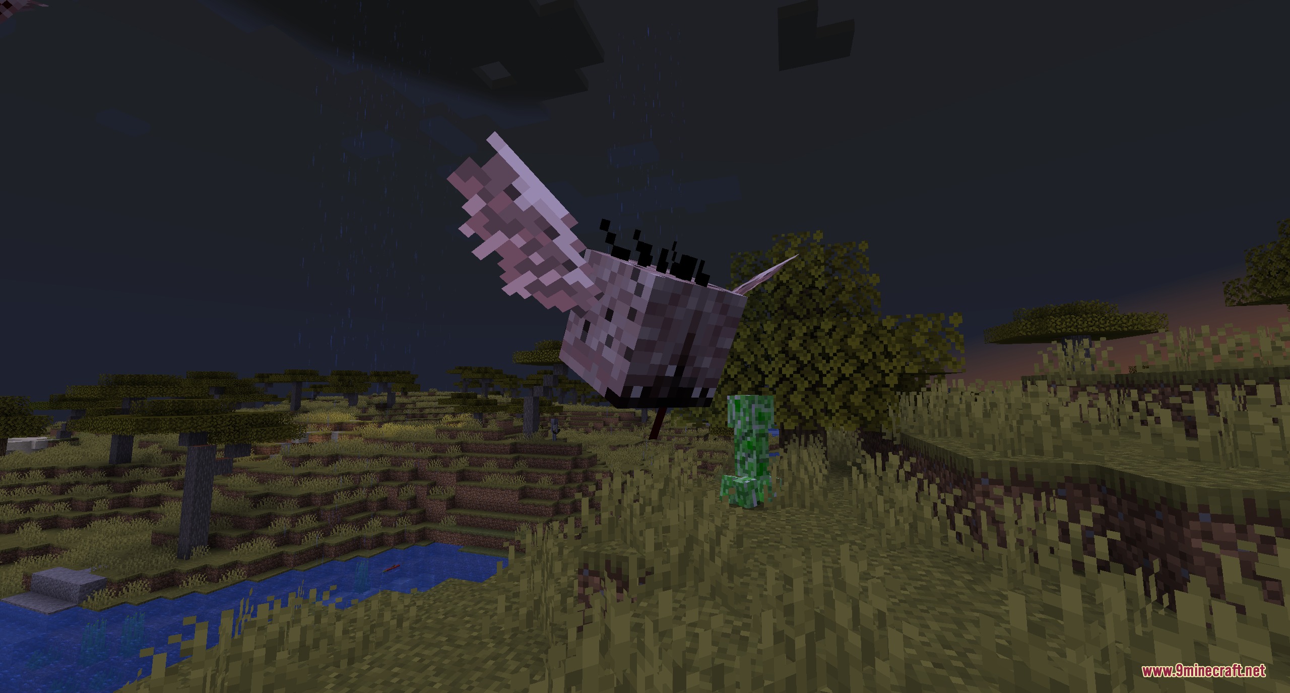 Legs and Arm's UNDEAD Pack Resource Pack Screenshot 1 A giant flying undead monster hovers near a creeper in the savanna