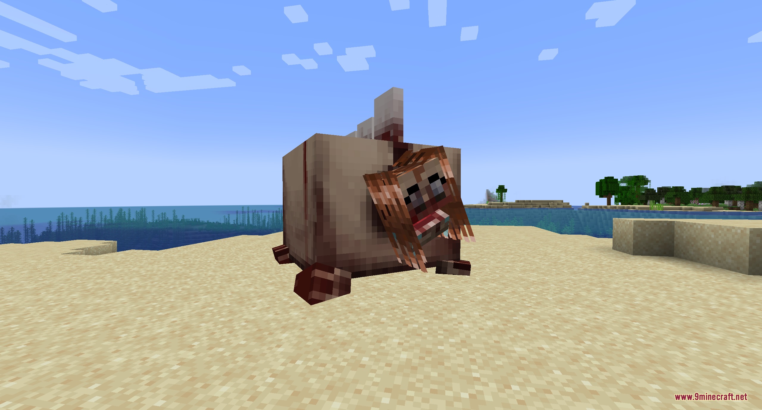 Legs and Arm's UNDEAD Pack Resource Pack Screenshot 6 A blocky fleshy creature with a head protruding on a sunny beach