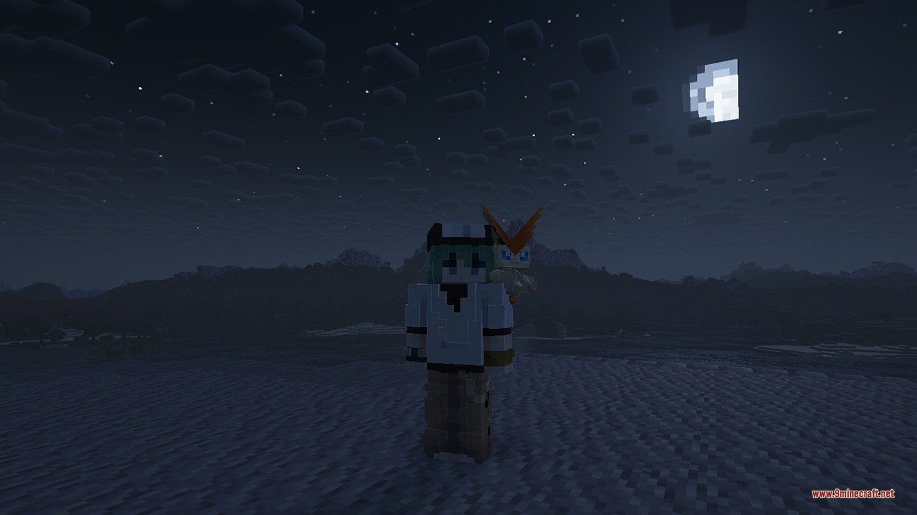 Liberty Garden Data Pack Screenshot 1 A Minecraft player standing in a dark landscape with a floating Victini