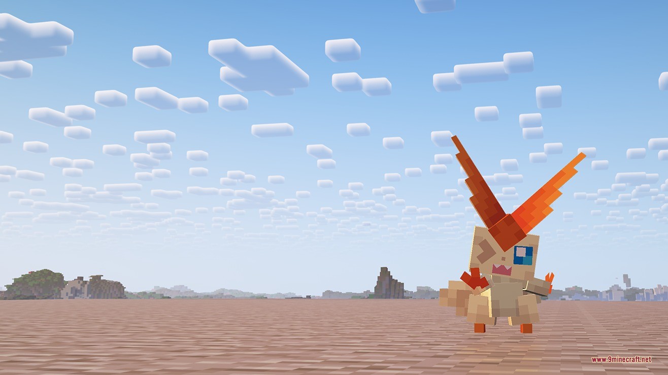 Liberty Garden Data Pack Screenshot 3 A blocky Victini stands on a flat landscape under a clear blue sky