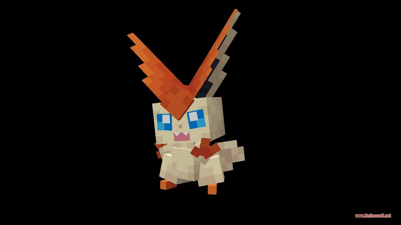 Liberty Garden Data Pack Screenshot 8 A cute blocky Victini model standing and smiling with blue eyes