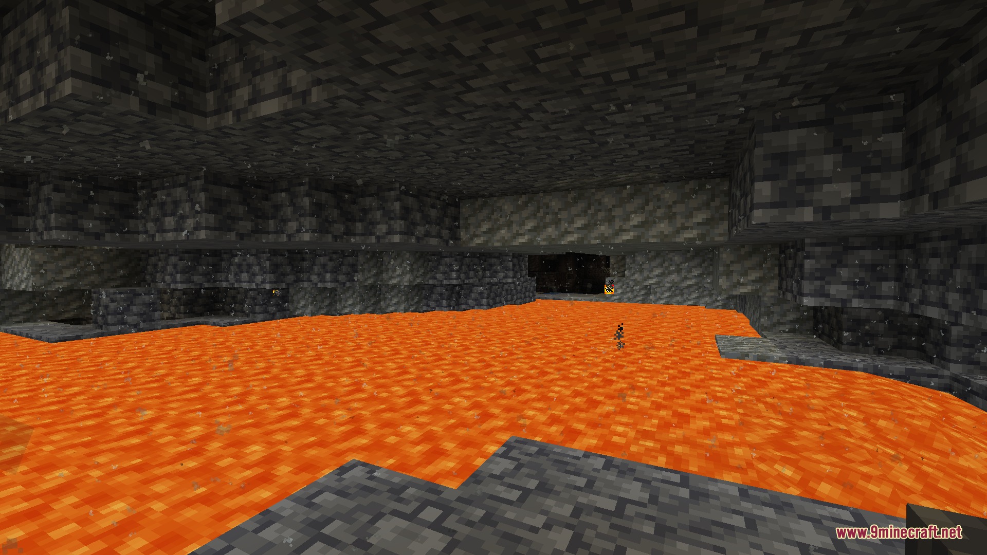 Light Dust Mod Screenshot 1 Floating dust particles drift over a large lava pool inside a cave