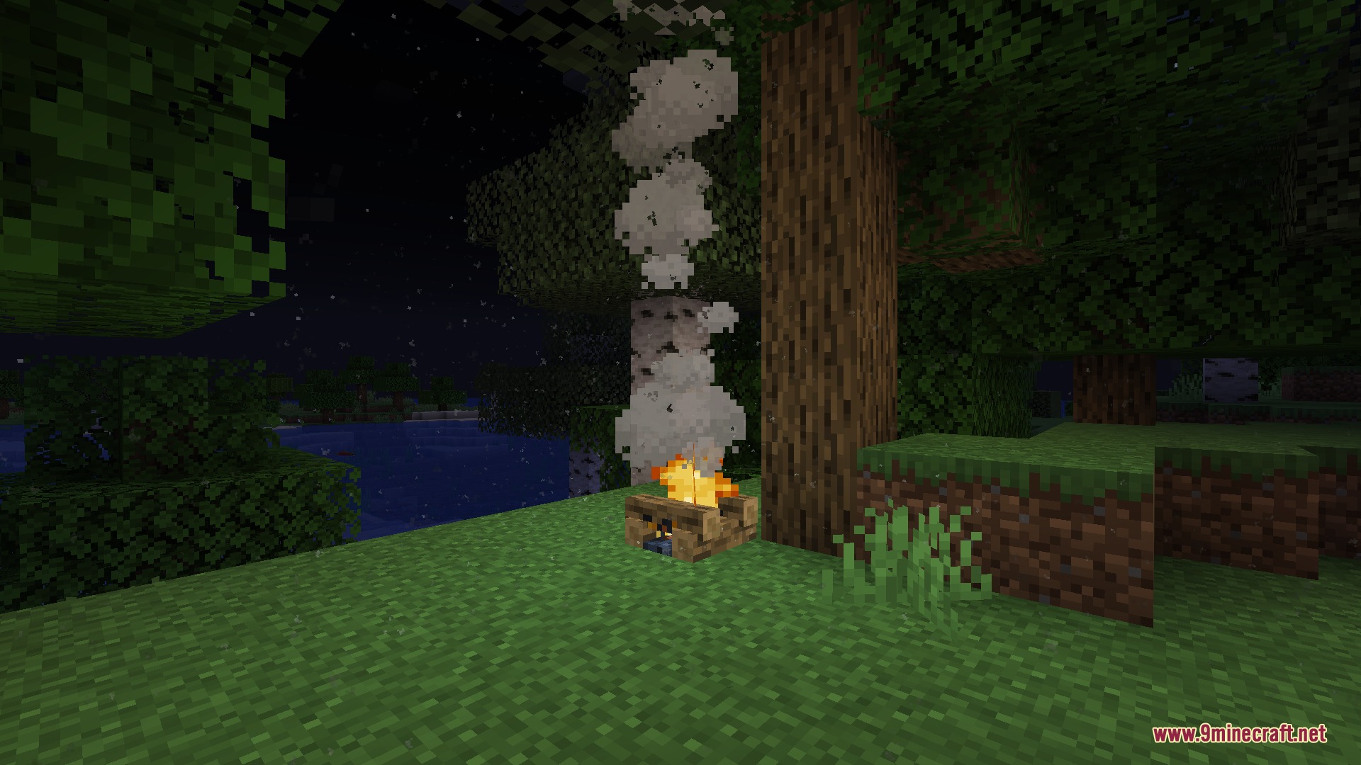 Light Dust Mod Screenshot 4 A campfire in a forest at night with rising dust particles