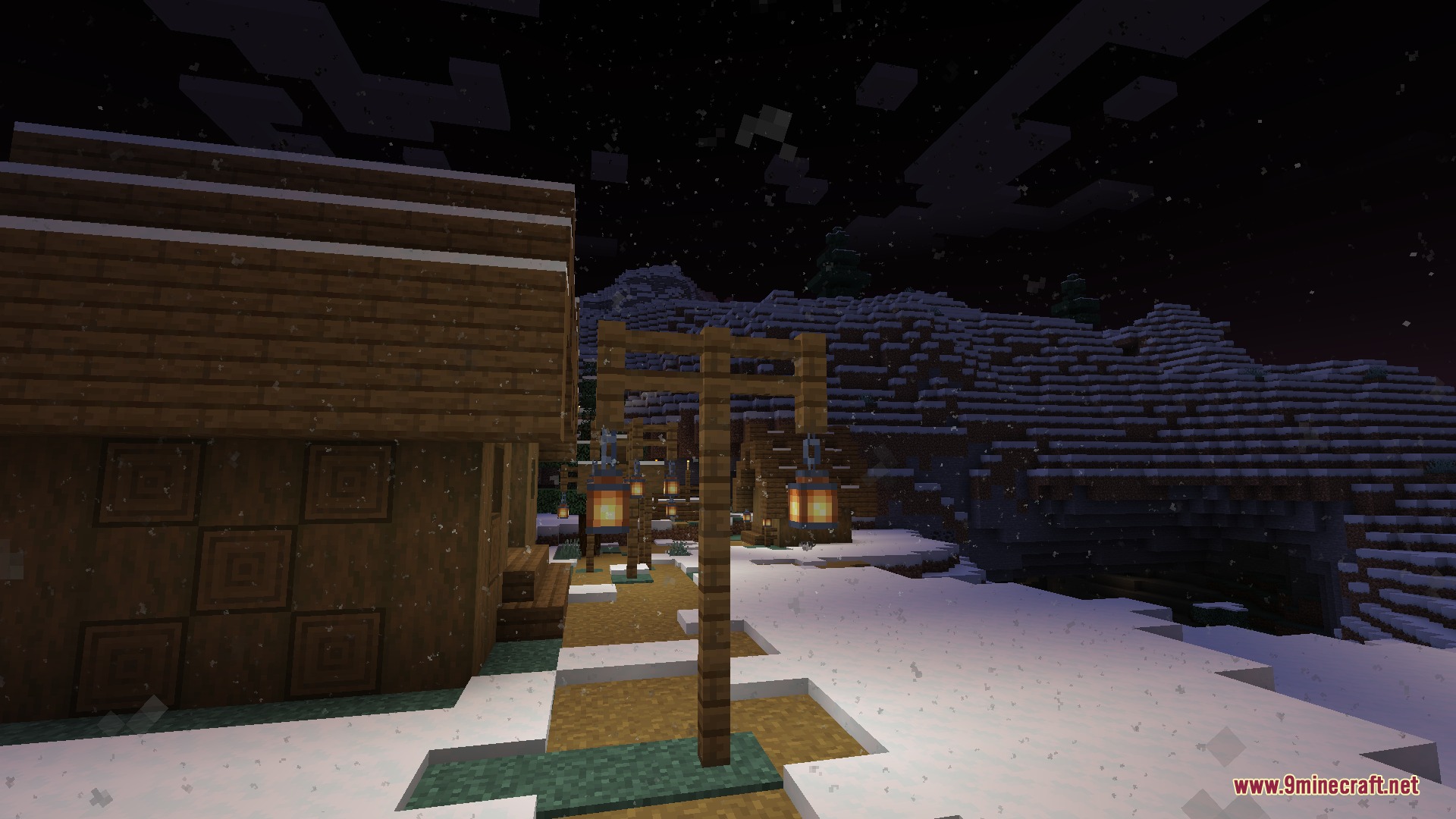 Light Dust Mod Screenshot 6 Lanterns on wooden posts lighting a snowy path with ambient dust particles