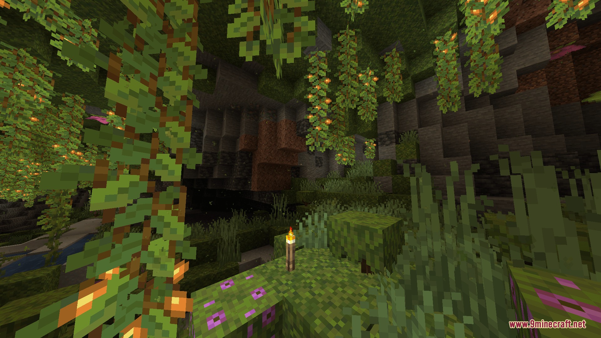 Light Dust Mod Screenshot 7 A scenic lush cave featuring glow berries and a single lit torch