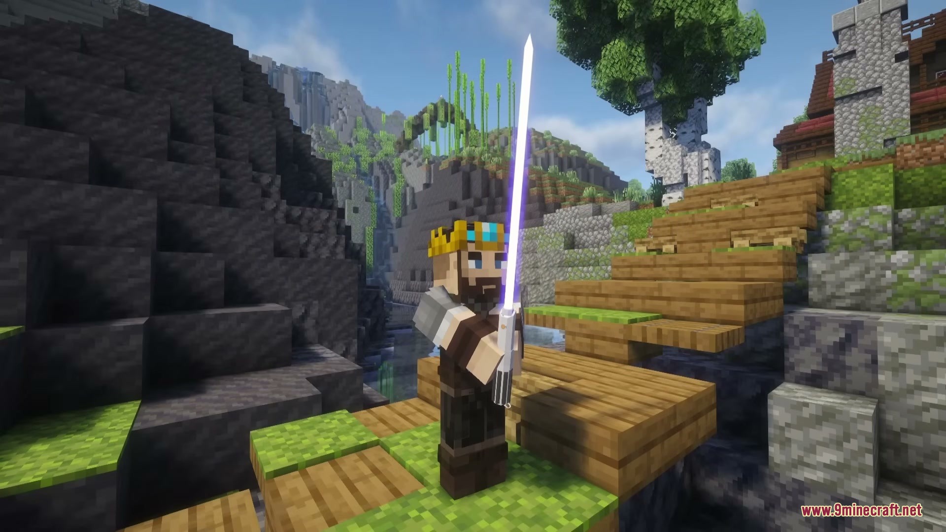 Light Saber Reforge Mod Screenshot 1 A player wearing a crown wields a glowing purple lightsaber outdoors