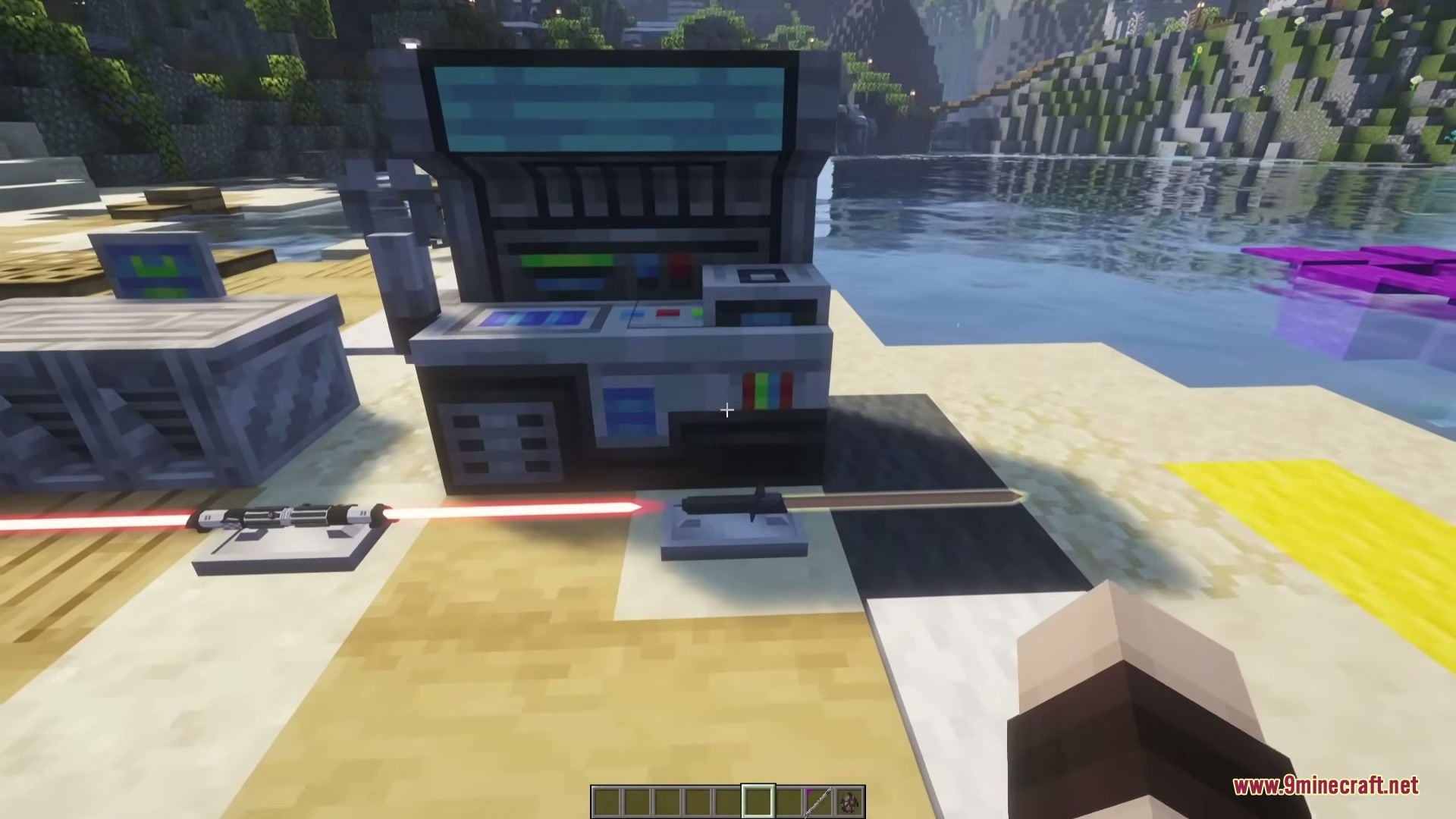 Light Saber Reforge Mod Screenshot 3 A futuristic workbench for assembling custom lightsabers sits on a sandy beach