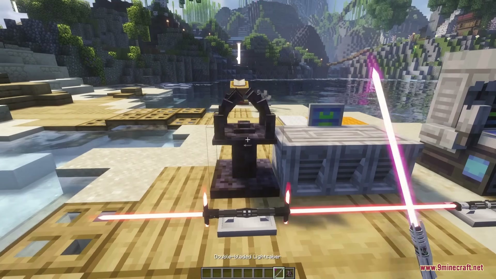 Light Saber Reforge Mod Screenshot 4 Player wielding a purple double bladed lightsaber from Light Saber Reforge Mod