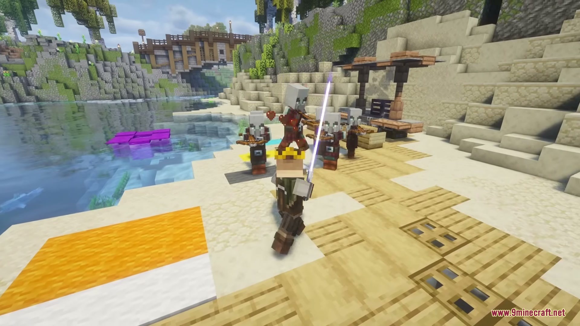 Light Saber Reforge Mod Screenshot 6 Player uses a purple energy blade to battle pillagers on a sandy beach