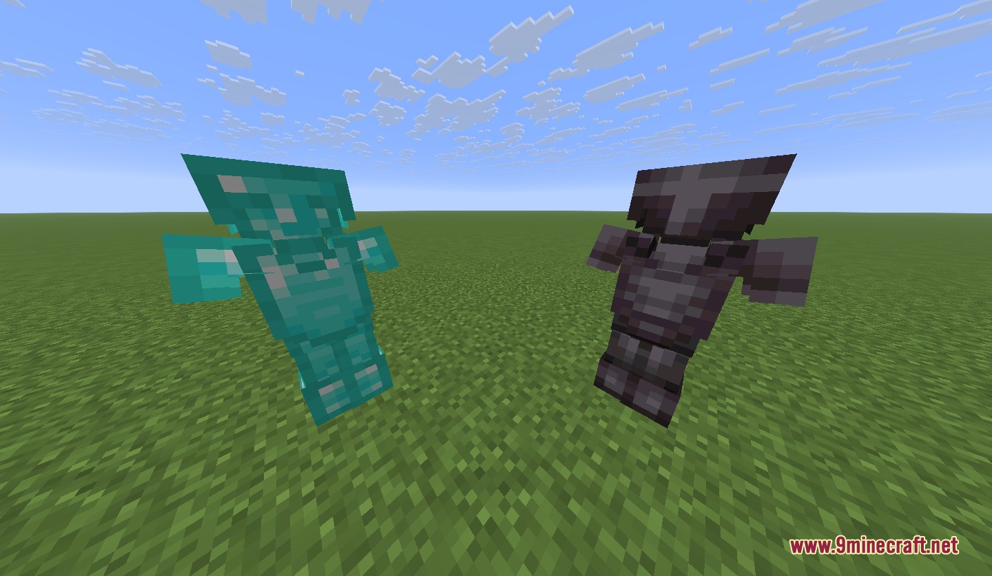 Lightened Armor Resource Pack Screenshot 1 Lightened Armor Resource Pack showing diamond and netherite sets on armor stands