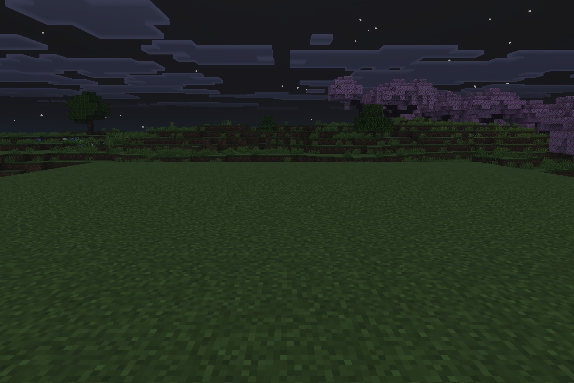 Lilium Dynamic Light Addon Screenshot 5 Dark Minecraft landscape at night with a flat grassy field and cherry trees