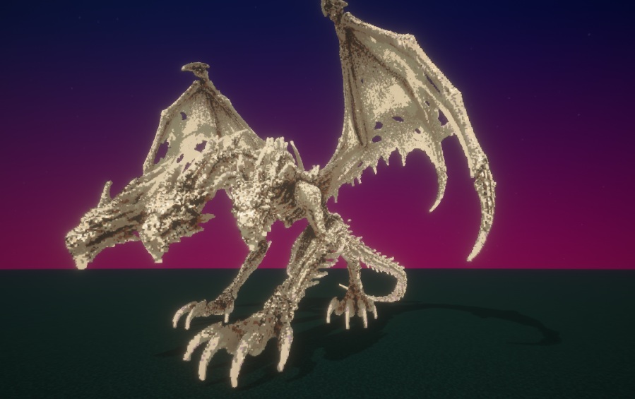 Side view of a massive three headed skeletal dragon against a purple sky