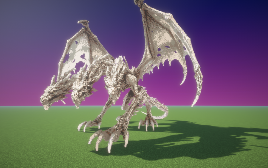 A giant skeletal dragon with three heads and torn wings on green grass