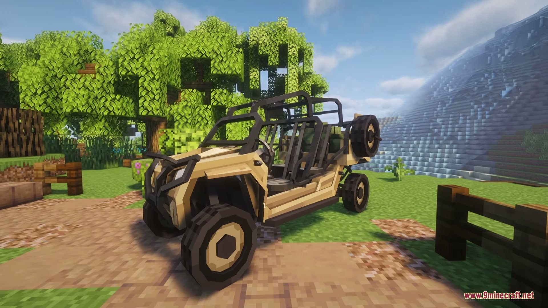 Limitless Vehicle Mod Screenshot 1 A tan off-road buggy parked on a dirt path in a Minecraft forest