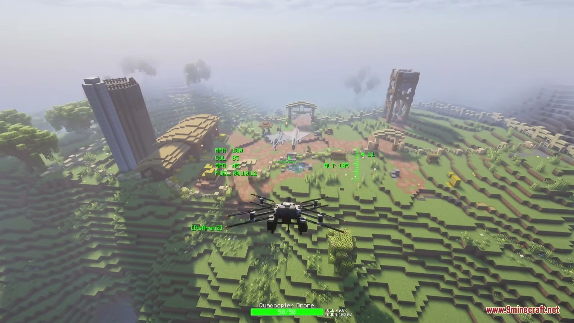 Limitless Vehicle Mod Screenshot 11 A player flies a quadcopter drone over a base with a flight interface