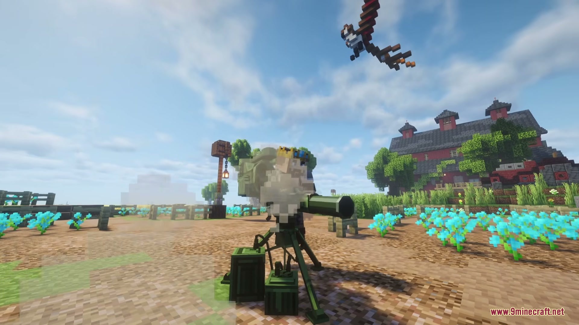 Limitless Vehicle Mod Screenshot 12 A player operates a mounted missile launcher in a field near a barn