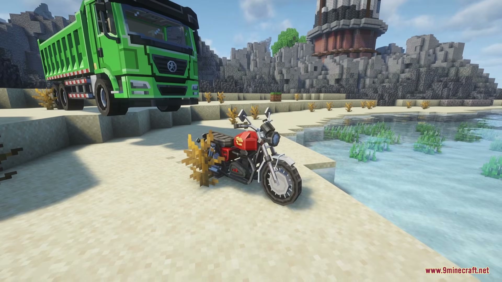 Limitless Vehicle Mod Screenshot 2 A red motorcycle and a green dump truck parked on a sandy beach