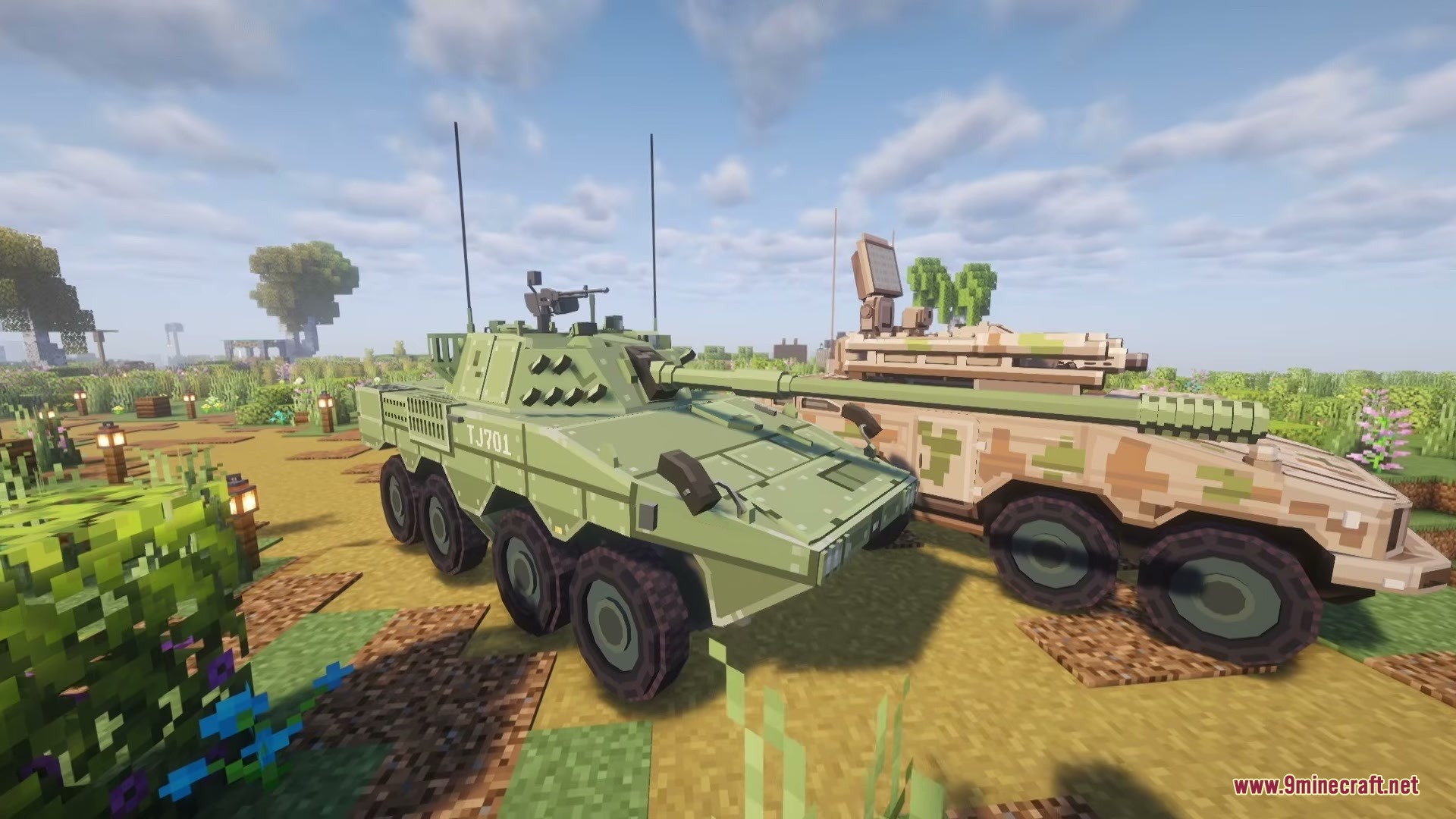 Limitless Vehicle Mod Screenshot 3 Two realistic military armored vehicles parked on a grassy field in Minecraft