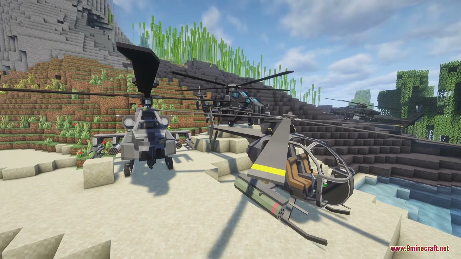 Limitless Vehicle Mod Screenshot 4 Several detailed military attack helicopters stationed on a sandy beach area