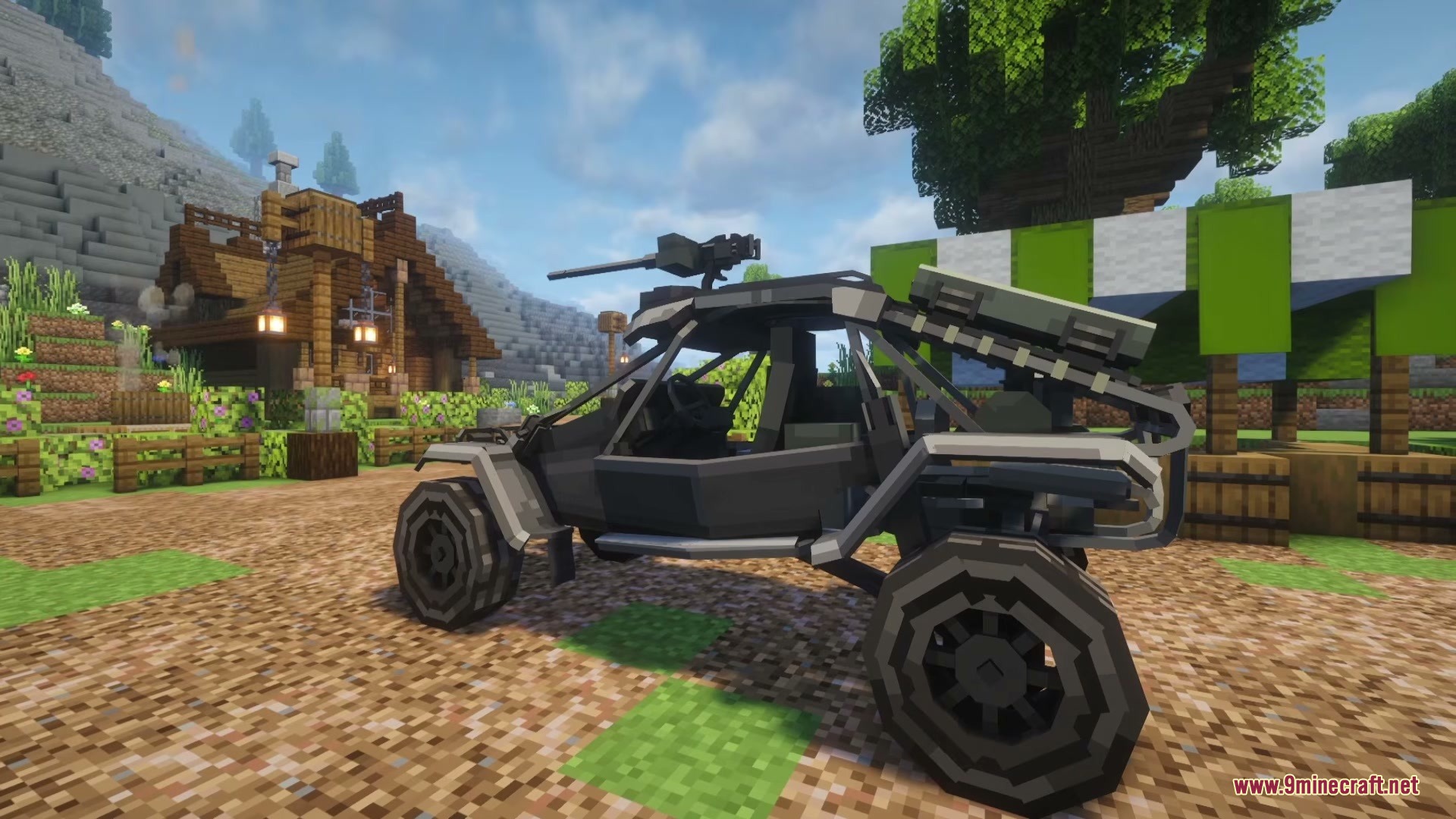 Limitless Vehicle Mod Screenshot 5 A dark military buggy with a mounted gun parked in a village