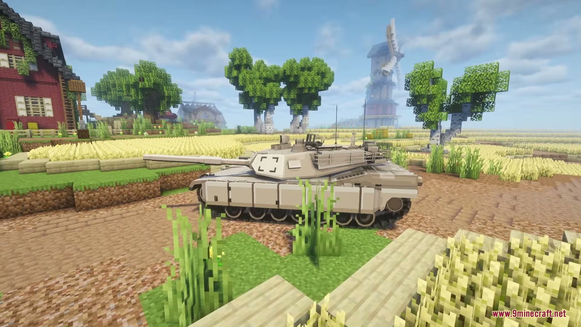 Limitless Vehicle Mod Screenshot 6 A tan modern battle tank parked in a wheat field near a windmill