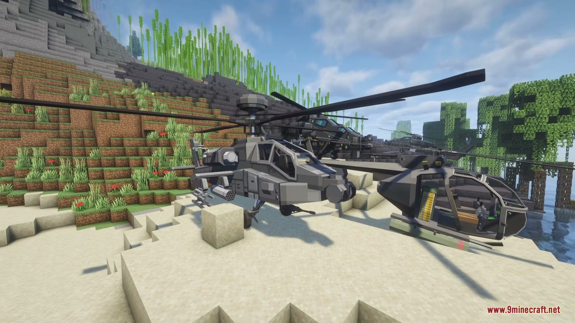 Limitless Vehicle Mod Screenshot 9 Military helicopters from the Limitless Vehicle Mod parked on a beach