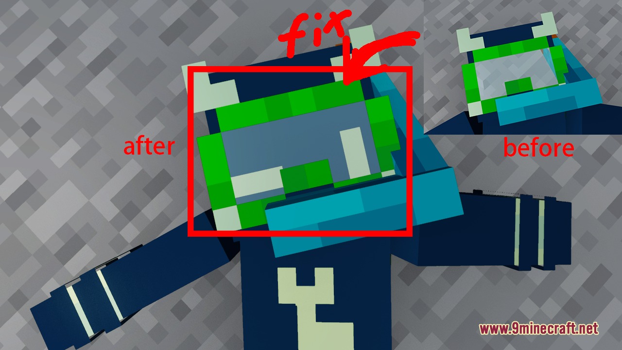 Comparison showing a fixed player model with corrected texture and model sizing